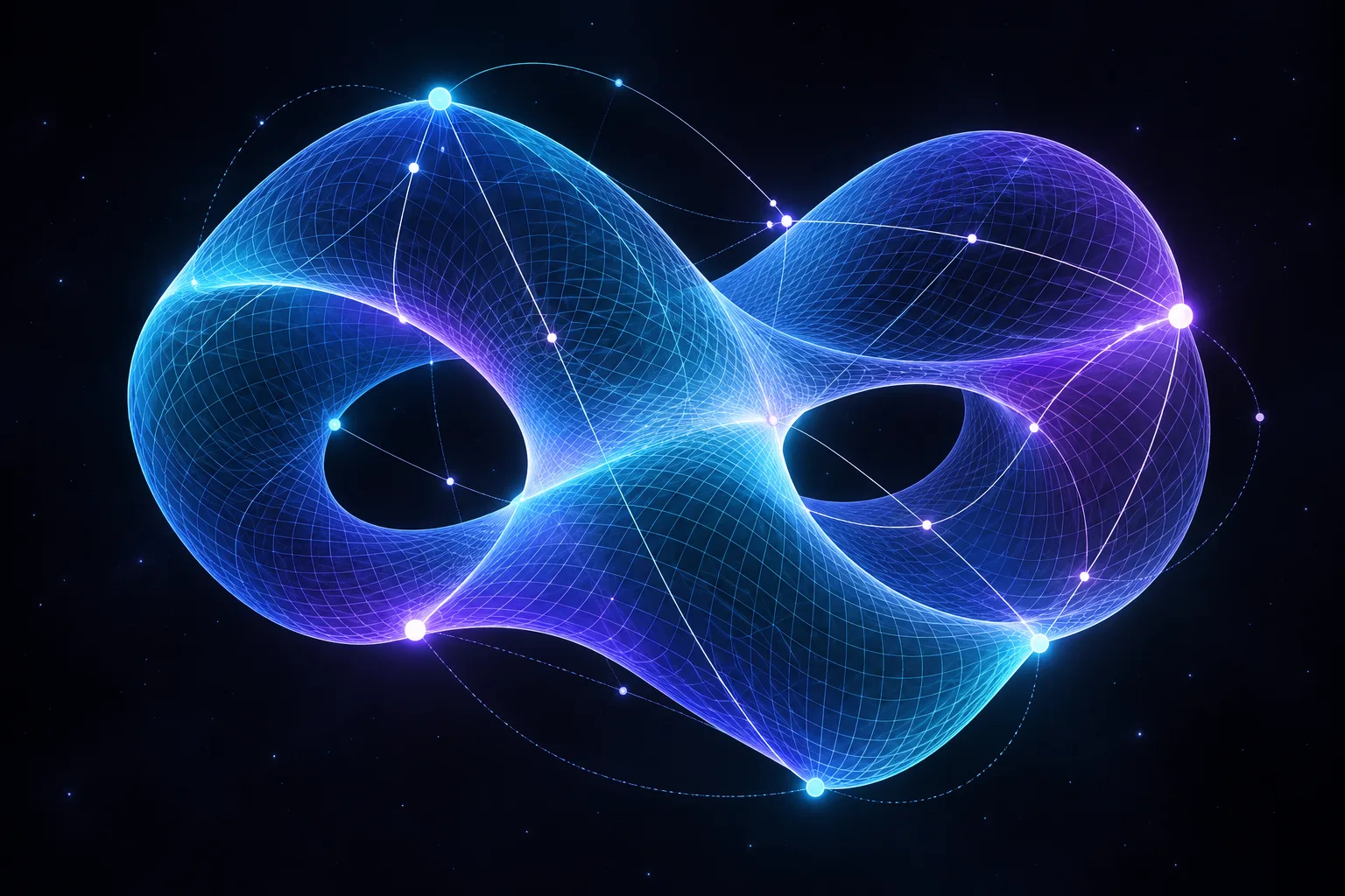 An abstract cyan and violet mathematical surface with a luminous wireframe mesh and connected nodes
